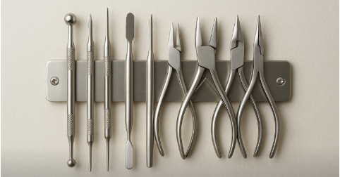 outils de modelage en metal sur porte couteau magnétique