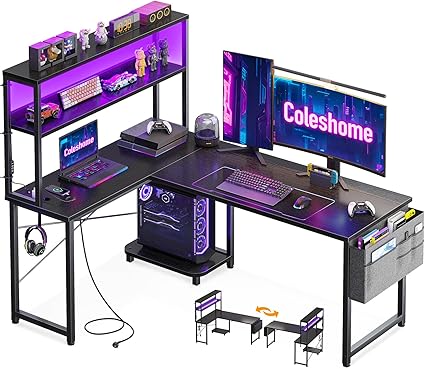 coleshome bureau gaming angle avec led et prises, 135 × 100 cm