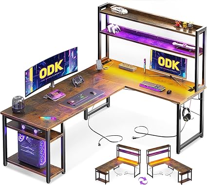 odk bureau avec led, 168×120 cm bureau avec étagère réversible