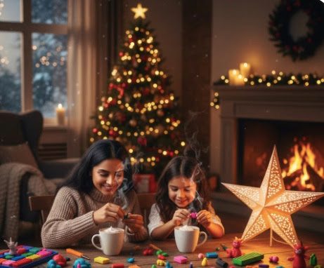 Une mère et sa fille réalisant un projet créatif en pâte à modeler dans une ambiance de Noël chaleureuse.