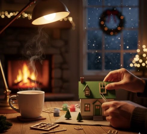 Personne en train de fabriquer une maison miniature dans une ambiance chaleureuse de Noël, avec une tasse de chocolat chaud et une fenêtre enneigée en arrière-plan.